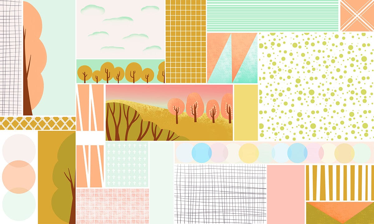 Pastel Geometric Landscape Mural Wallpaper with Trees and Patterns Design