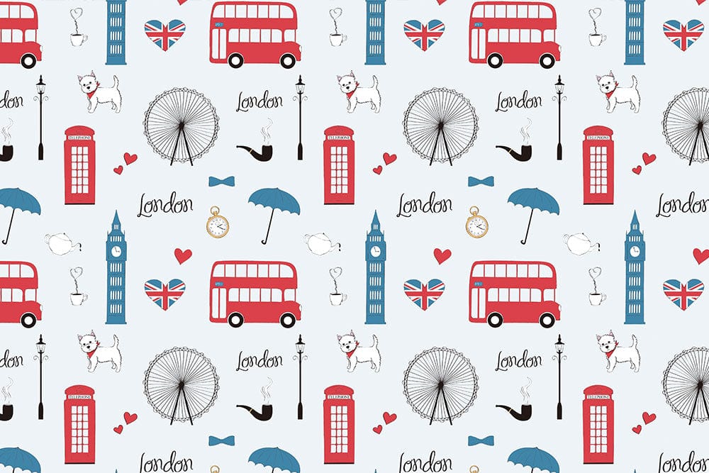 London-Inspired Red Blue Patterned Wallpaper with Iconic British Motifs