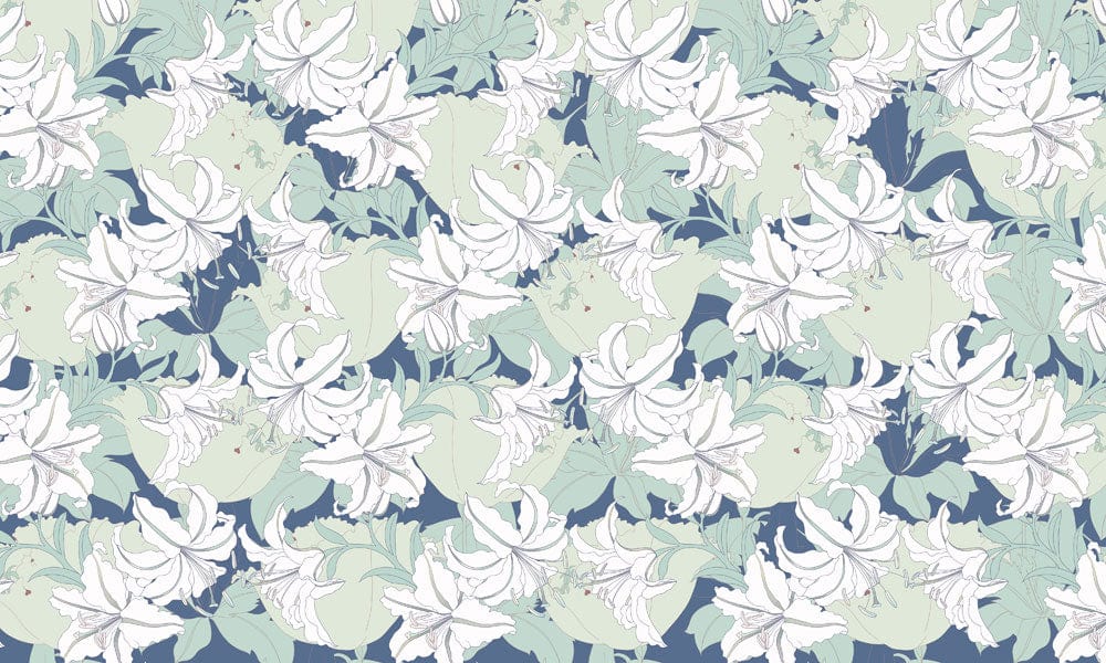 Elegant White Lily and Leaf Pattern Wallpaper in Pastel Greens and Blues