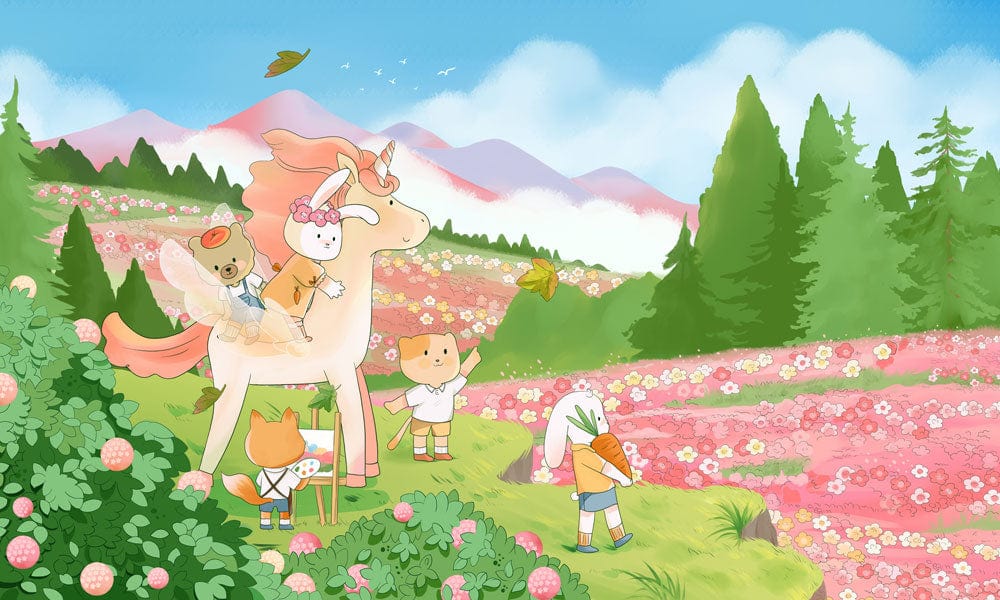 Whimsical Pastel Fantasy Landscape Mural Wallpaper with Cute Animal Friends