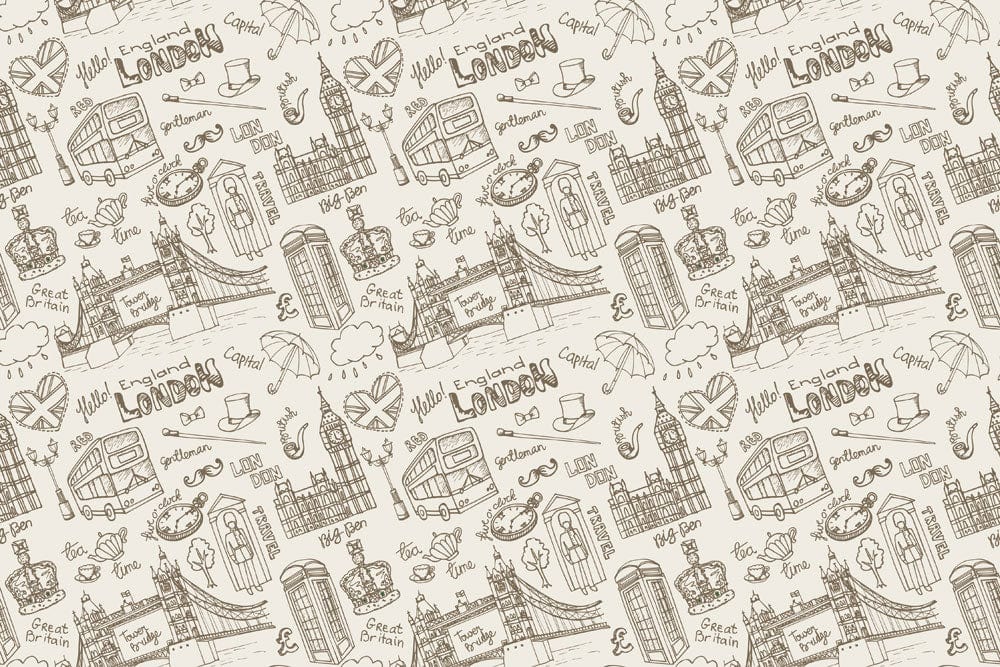 Vintage London Sketch Wallpaper - Beige Monochrome British Icon Pattern Design