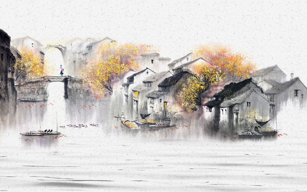 Tranquil Watercolour Landscape Mural Wallpaper in Autumnal Village Serenity Style