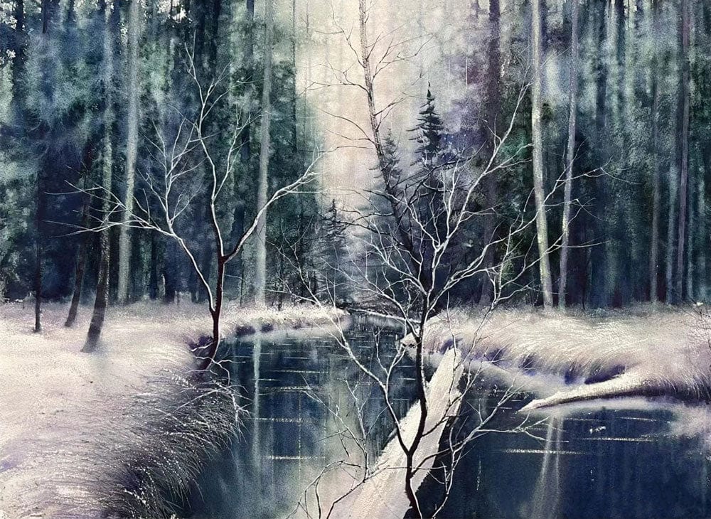 Enchanted Winter Forest Mural Wallpaper - Serene Blue and White Landscape