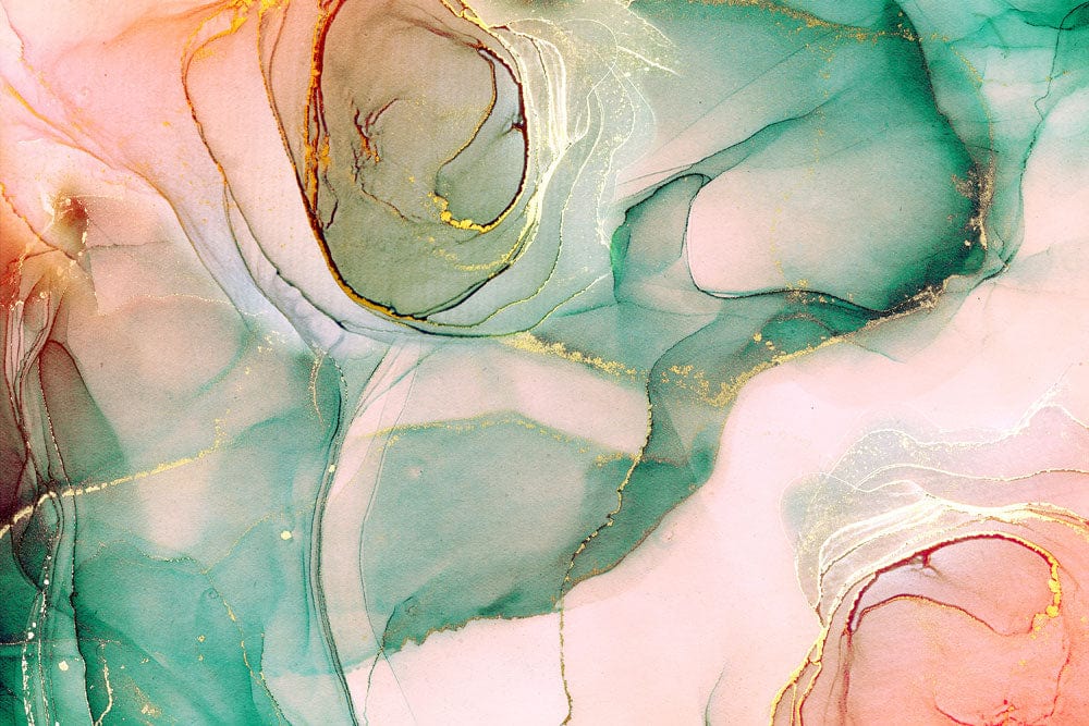 Elegant Teal and Rose Watercolour Marble Mural Wallpaper with Gold Accents