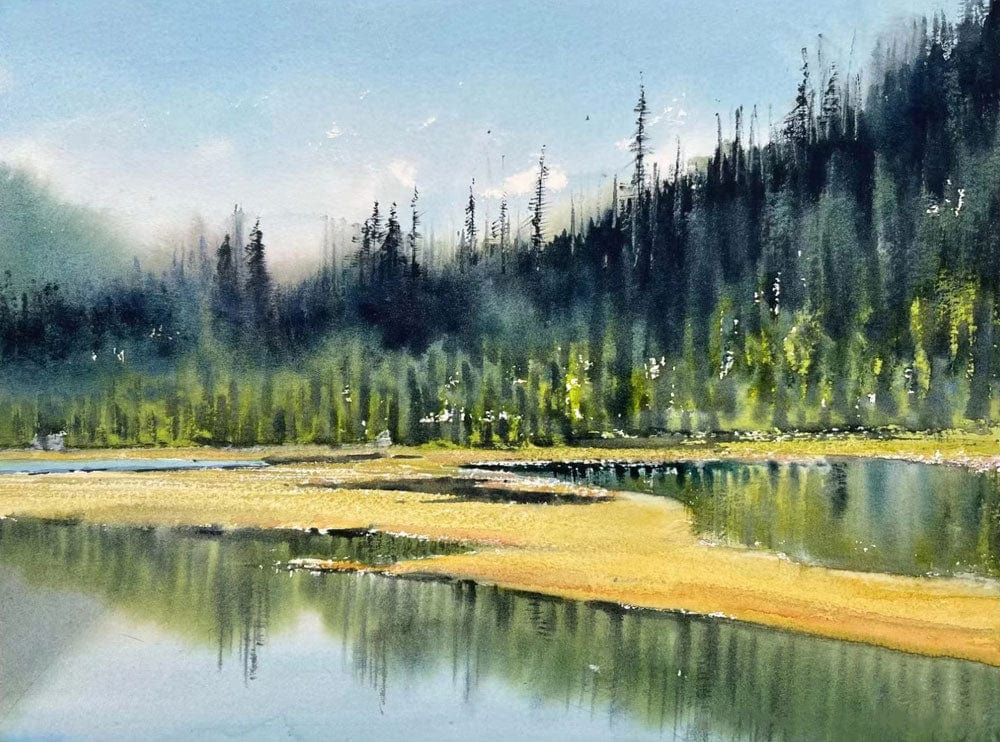 Tranquil Forest Lake Watercolour Landscape Mural Wallpaper in Green and Blue.