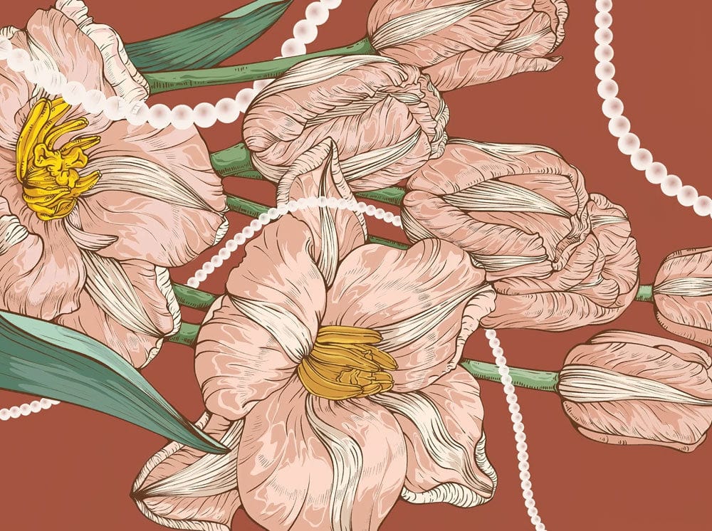 Vintage Floral Mural Wallpaper with Pink Tulips and Pearls on Terracotta.