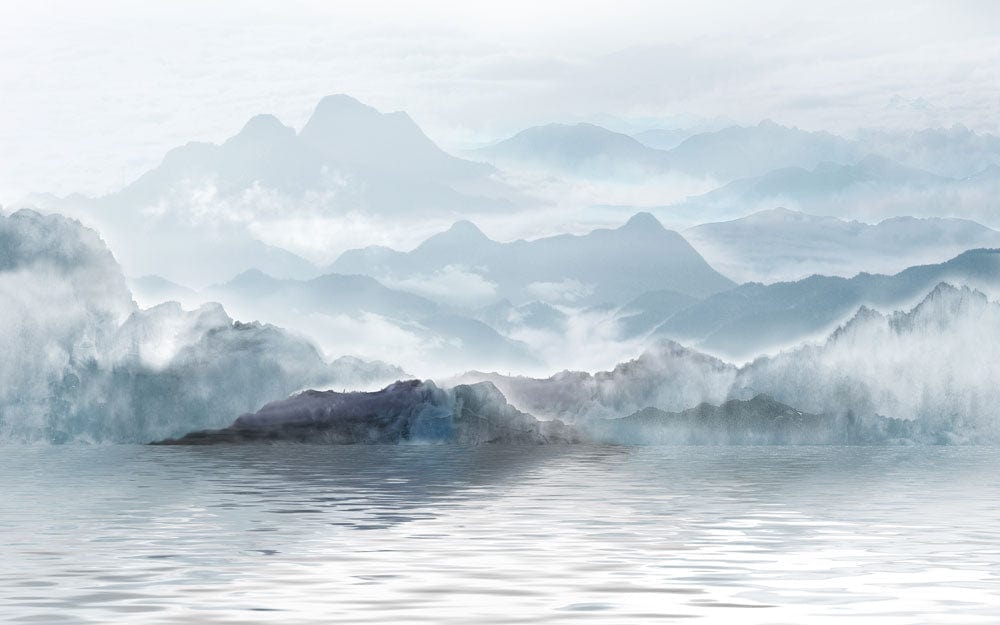 Ethereal Misty Mountains Blue Watercolour Landscape Mural Wallpaper Décor