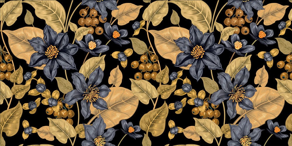 Elegant Black and Gold Floral Botanical Pattern Wallpaper for Stylish Interiors