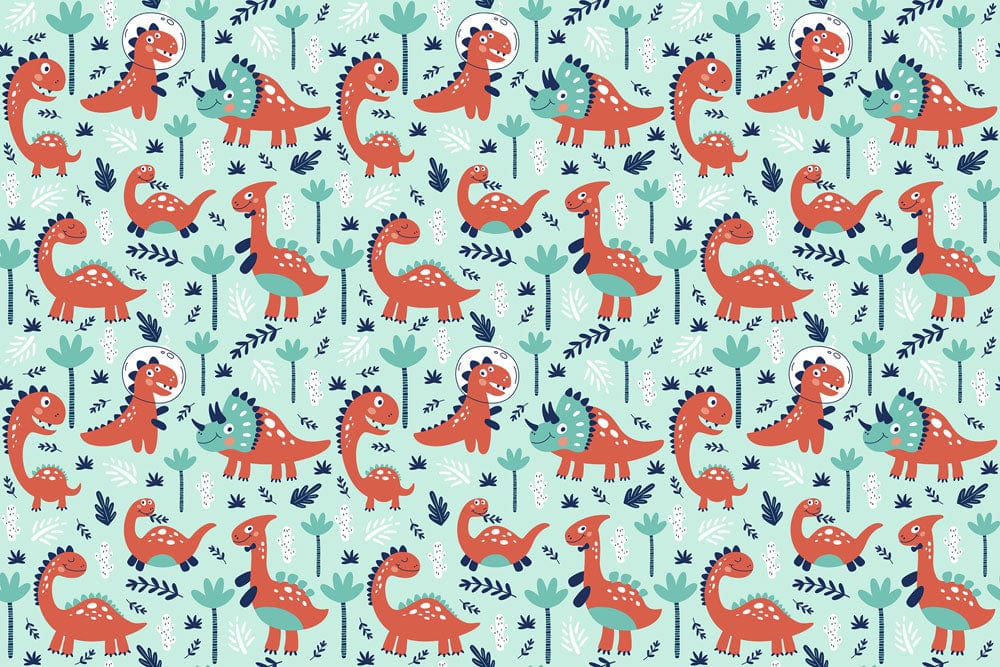 Playful Dinosaur-Themed Wallpaper in Vibrant Teal and Red Cartoon Style