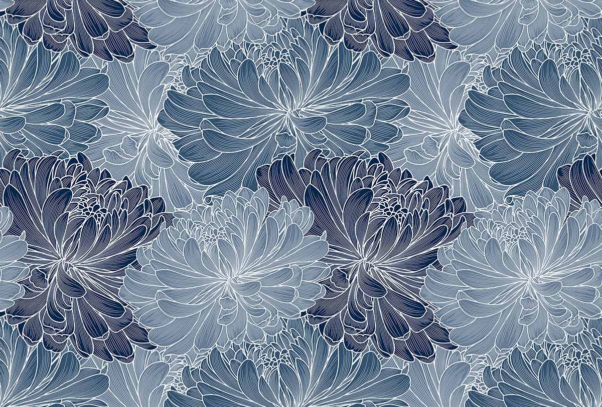 Elegant Blue Floral Wallpaper: Intricate Botanical Pattern for Sophisticated Interiors