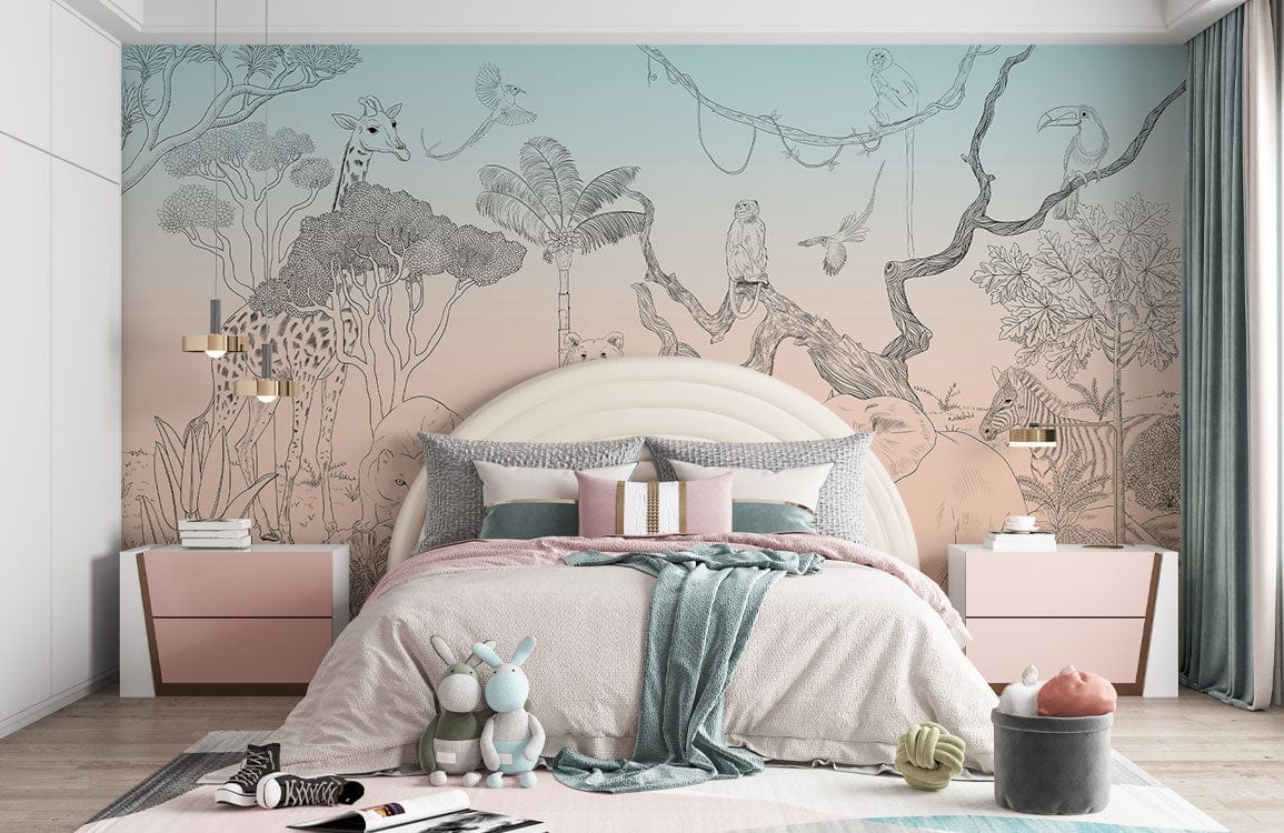 Vintage safari jungle mural wallpaper in pastel tones, bedroom setting, pink and white decor, modern.