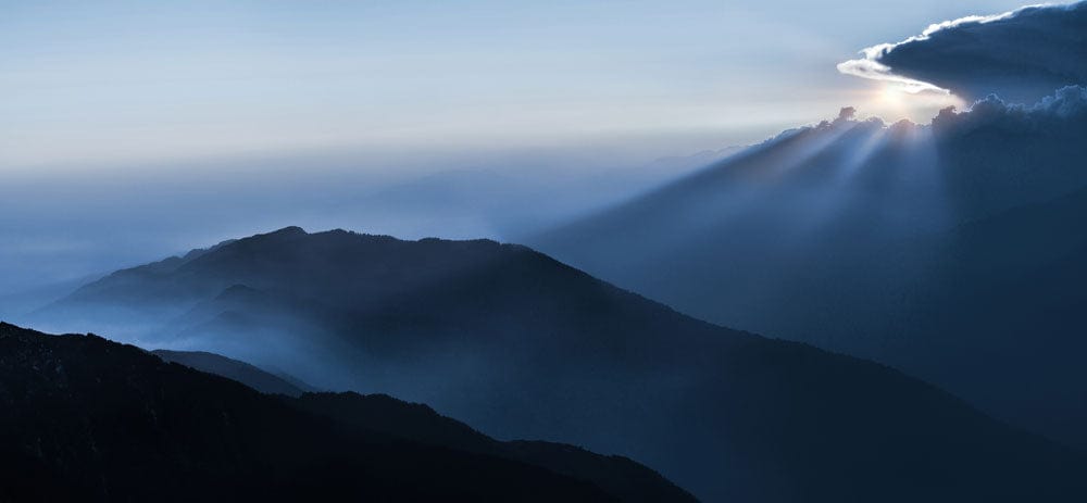 Serene Blue Mountain Sunrise Panoramic Mural Wallpaper for Tranquil Spaces