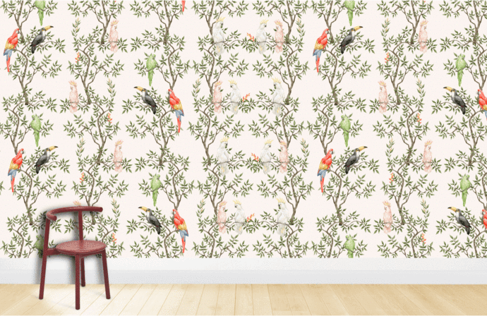 Vintage Botanical Birds Wallpaper in Soft Earthy Tones, wooden chair, light wood flooring.