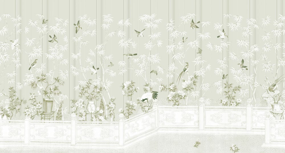 Elegant Sage Green Oriental Garden Mural Wallpaper with Birds and Bamboo