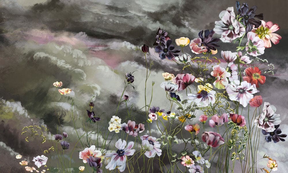 Floral Fantasy Mural Wallpaper: Dreamy Pastel Blooms against Moody Skies