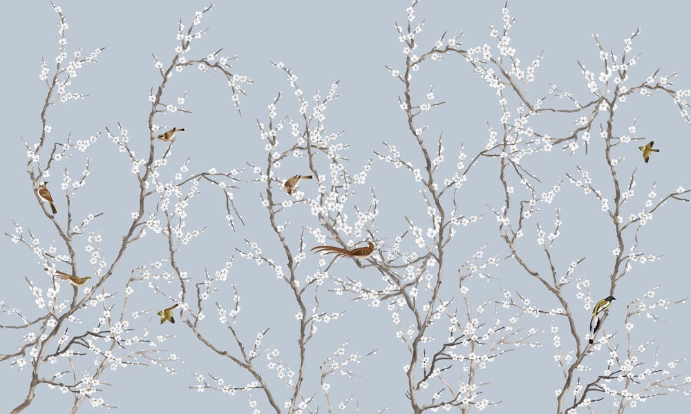 Elegant Blue Bird Blossom Branches Mural Wallpaper with Delicate Nature Theme