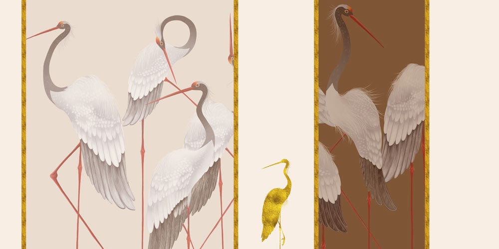Elegant Crane Design Mural Wallpaper in Neutral and Earthy Tones