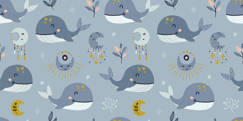 Whimsical Grey Whale and Dreamcatcher Children's Bedroom Wallpaper Design