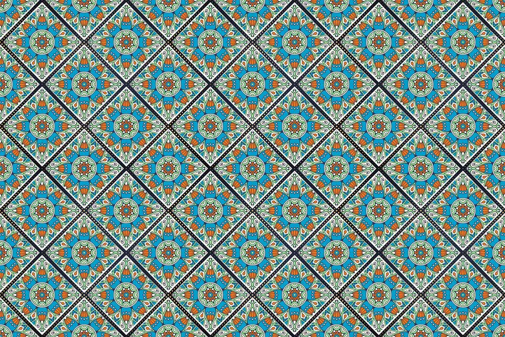 Vibrant Geometric Turquoise and Orange Mediterranean Tile Pattern Wallpaper