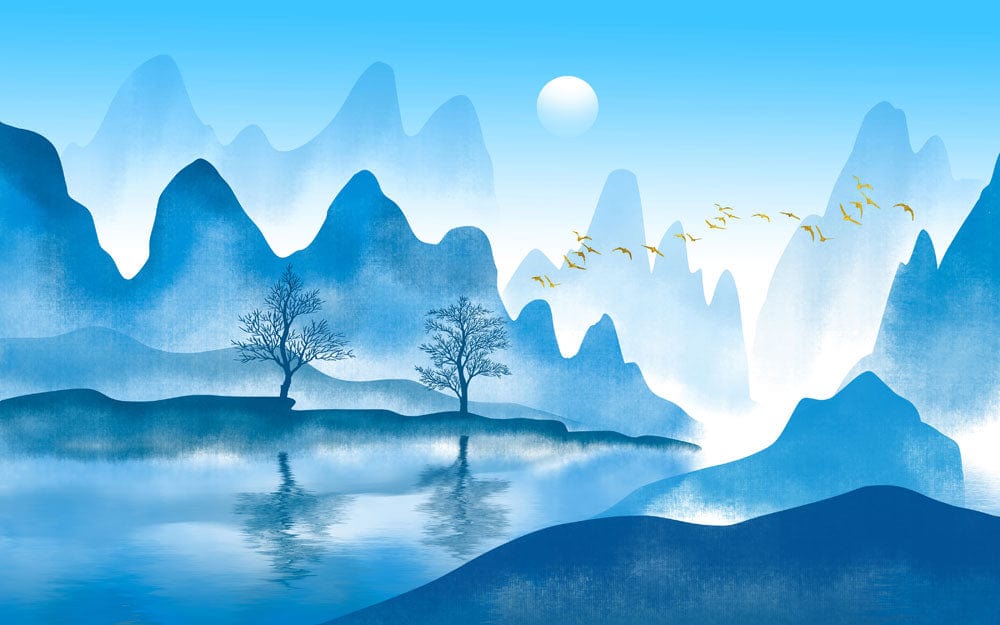 Serene Blue Mountain Landscape Mural Wallpaper - Tranquil Nature Escape Design
