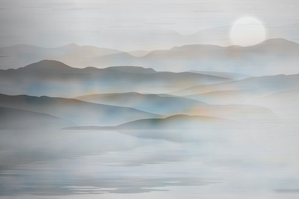 Tranquil Misty Mountain Landscape Mural Wallpaper in Soft Blue and Grey Tones
