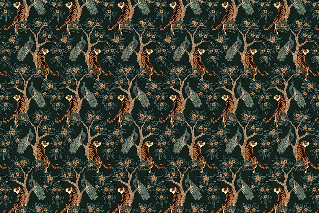 Elegant Dark Green Jungle Wildlife Pattern Wallpaper for Exotic Interiors