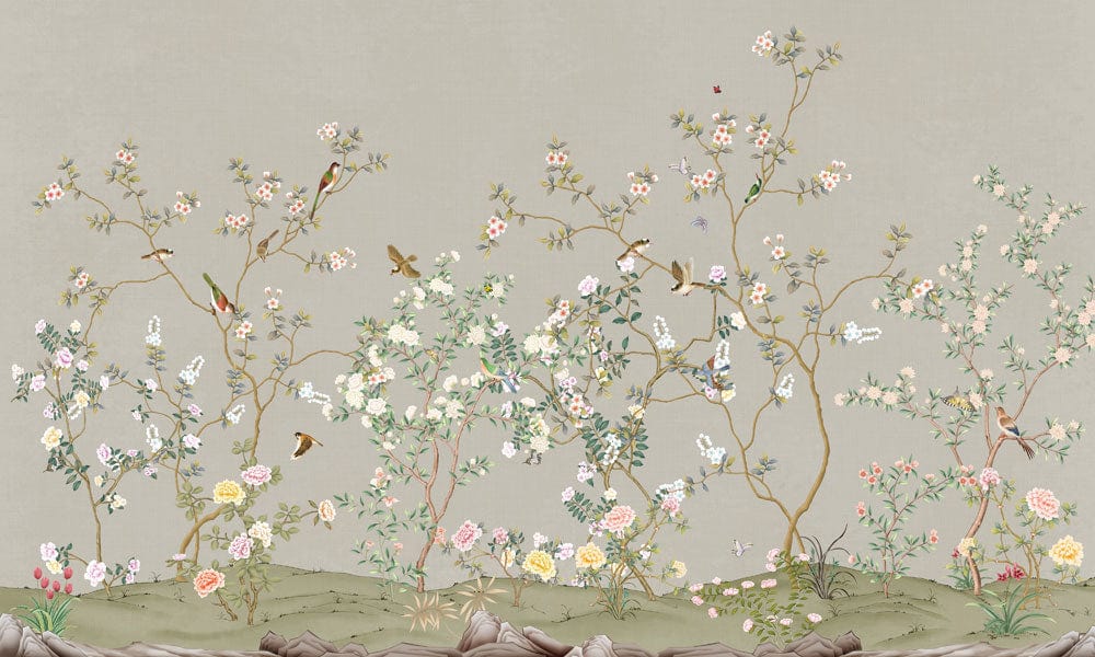 Serene Pastel Floral and Bird Garden Mural Wallpaper UK Design