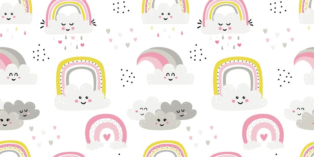 Whimsical Pink and Grey Cloud Rainbow Nursery Wallpaper Mural Children's Room Decor