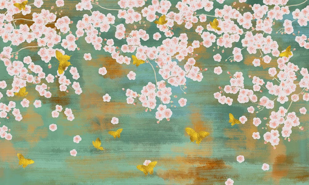 Blossoming Sakura and Golden Butterflies Teal Mural Wallpaper - Elegant Design