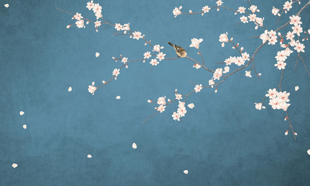Elegant Blue Cherry Blossom Bird Mural Wallpaper - Oriental Nature-Inspired Decor