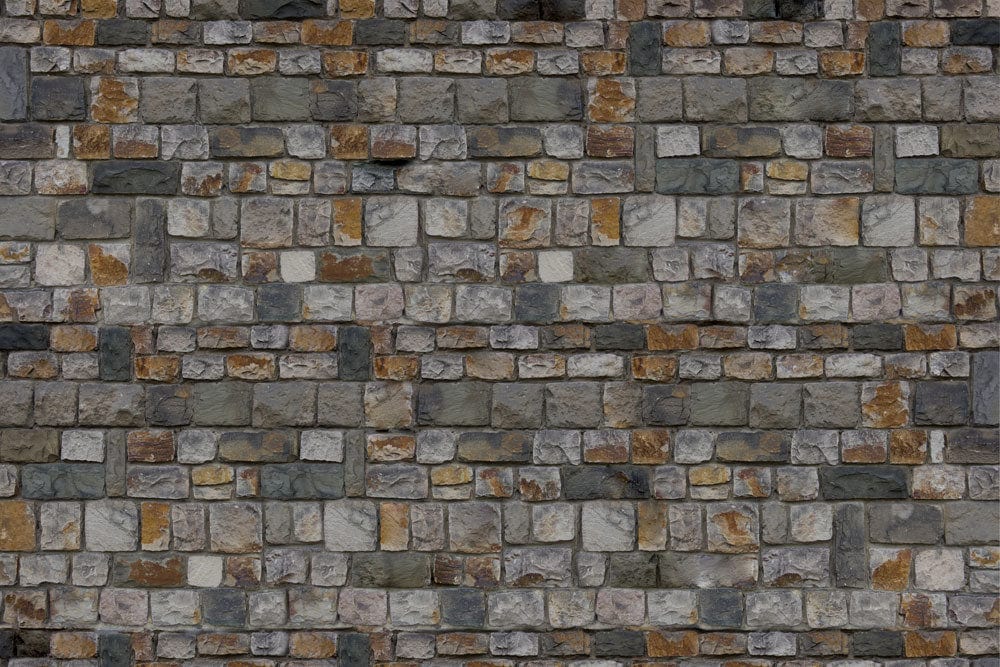 Rustic Stone Brick Pattern Wallpaper: Charcoal, Grey and Ochre Design