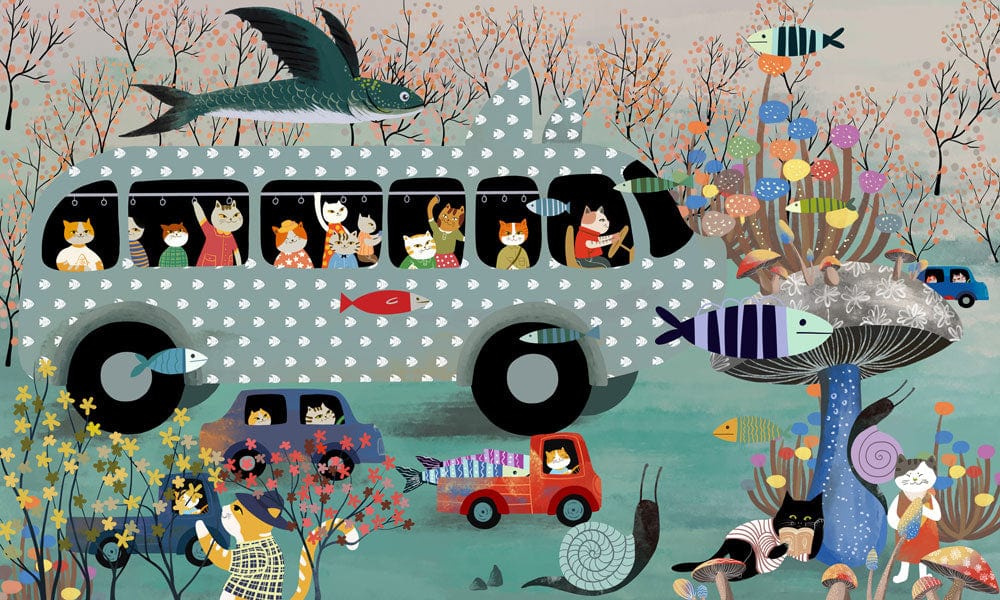 Whimsical Nature Adventure Mural Wallpaper with Vibrant Colours and Playful Design