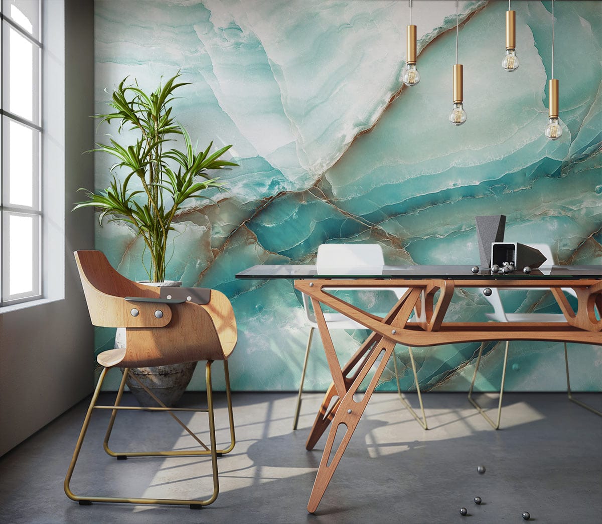 Aqua Marble Effect Wallpaper in modern office with wooden desk, stylish chair, and grey flooring.