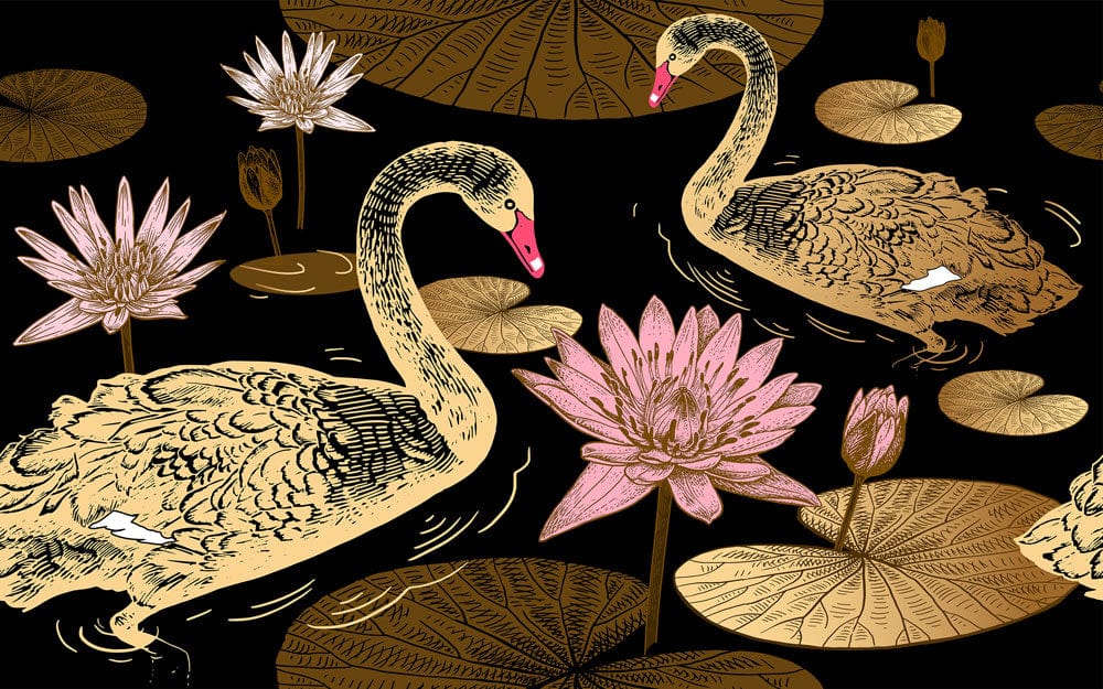 Elegant Black and Gold Swan Lily Pond Mural Wallpaper Design