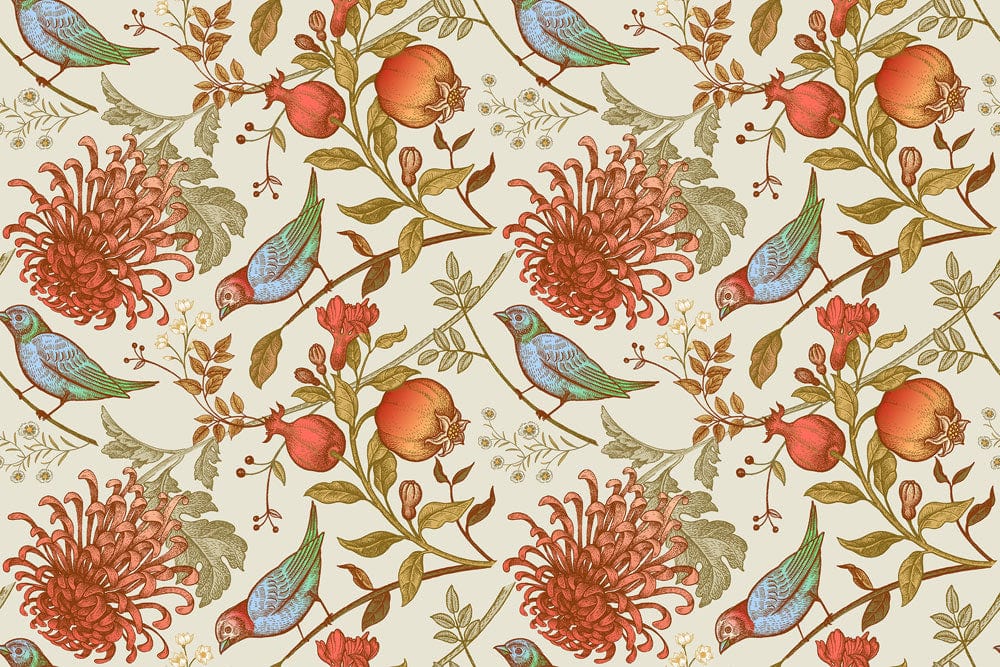 Vintage Floral and Bird Pattern Wallpaper in Warm Earthy Tones