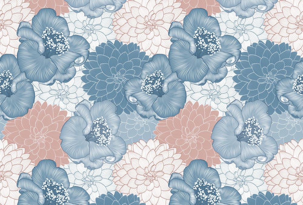 Vintage Floral Wallpaper with Blue and Peach Tones - Retro Botanical Design