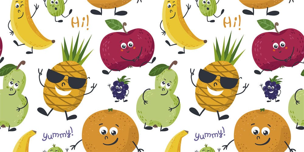 Playful Fruit Cartoon Wallpaper with Bright Colours for Kids' Rooms