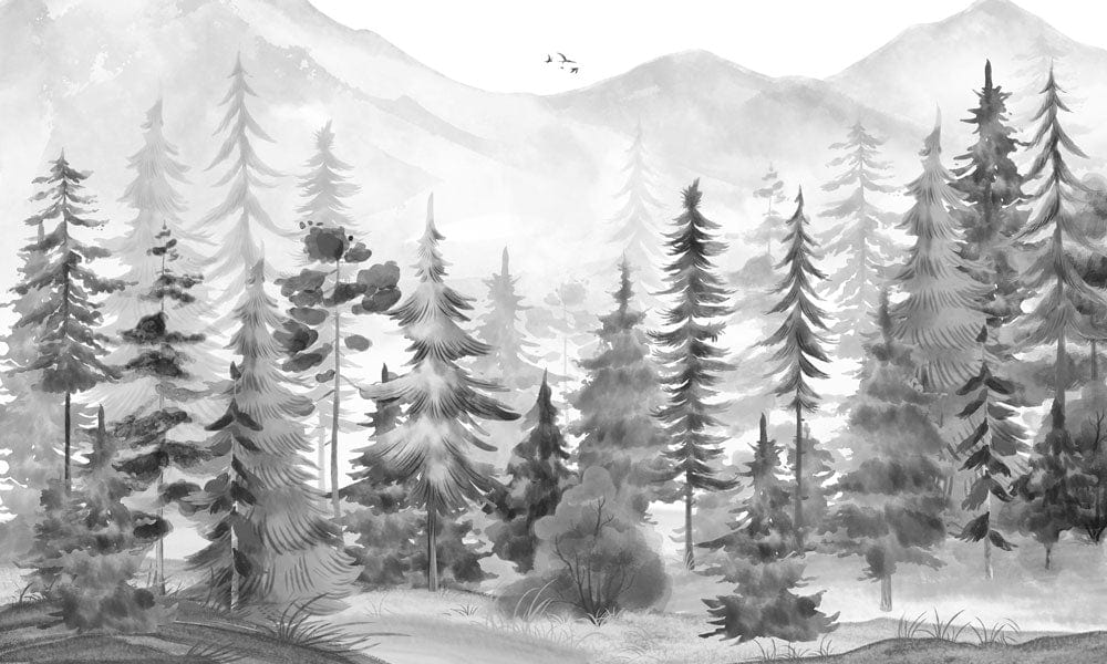 Monochrome Watercolour Forest Landscape Mural Wallpaper - Tranquil Nature Theme Decor