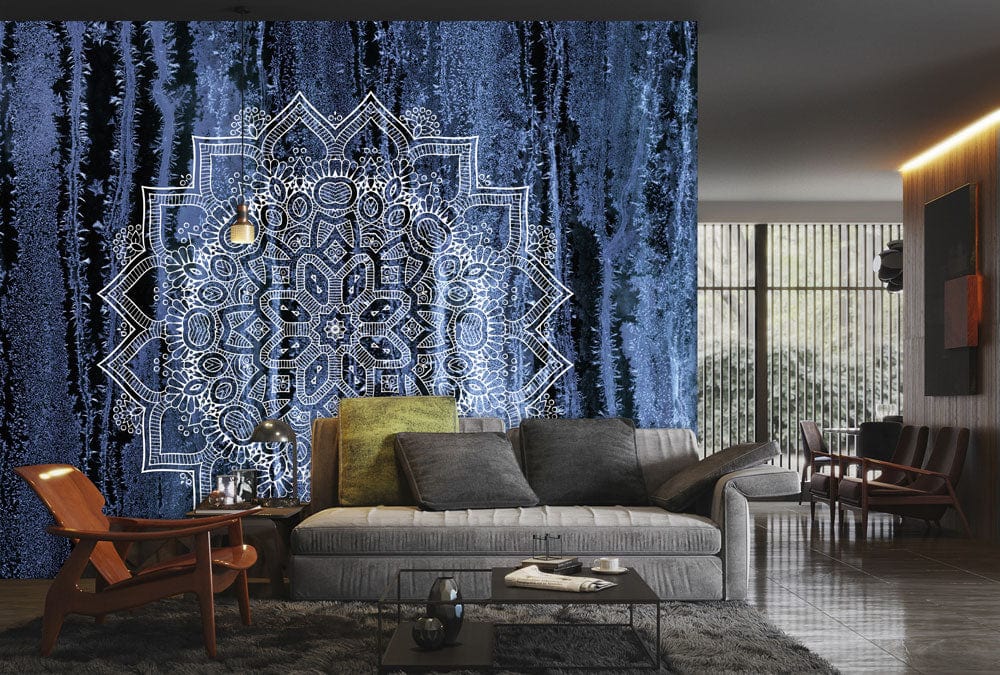 Mystical midnight blue mandala wallpaper enhances modern living room with grey sofa, wooden chairs, abstract art.