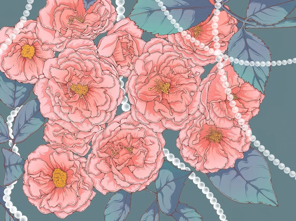 Elegant Vintage Floral Mural Wallpaper in Coral and Teal with Pearl Accents