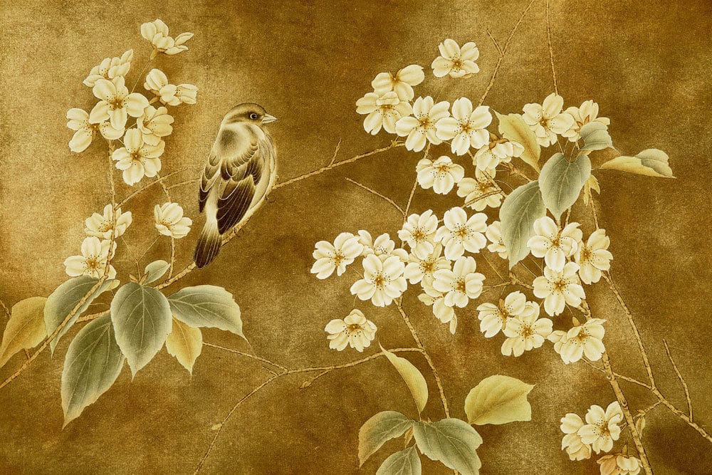 Vintage Floral Bird Mural Wallpaper in Golden Tones with Delicate Blooms