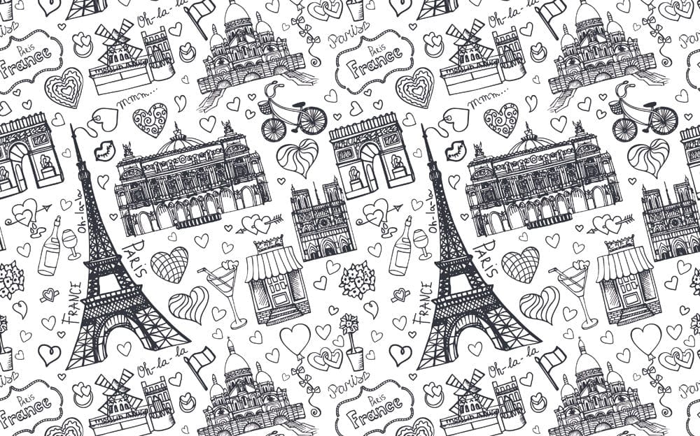 Parisian Sketch Black and White Illustrated Pattern Wallpaper Mural Décor