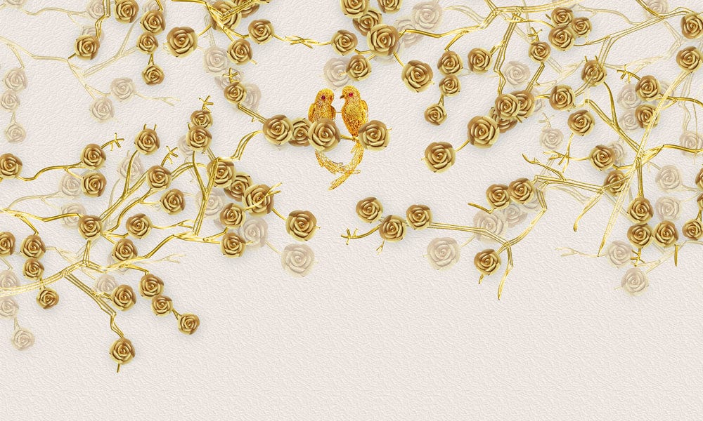 Luxurious Golden Floral Bird Mural Wallpaper - Elegant Nature-Inspired Design