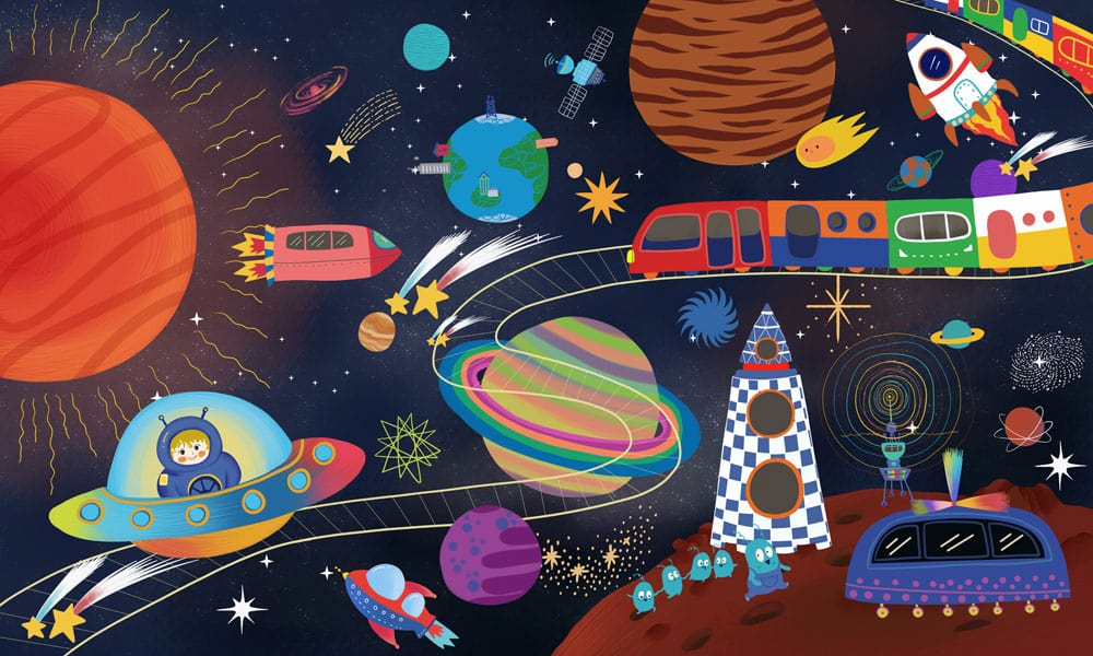 Colourful Outer Space Adventure Children's Mural Wallpaper - Cosmic Fun Design