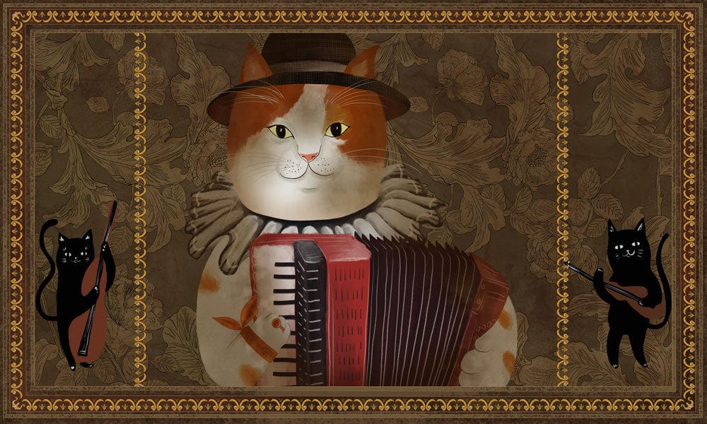 Vintage Musical Cat Wallpaper with Rustic Brown Pattern Charm