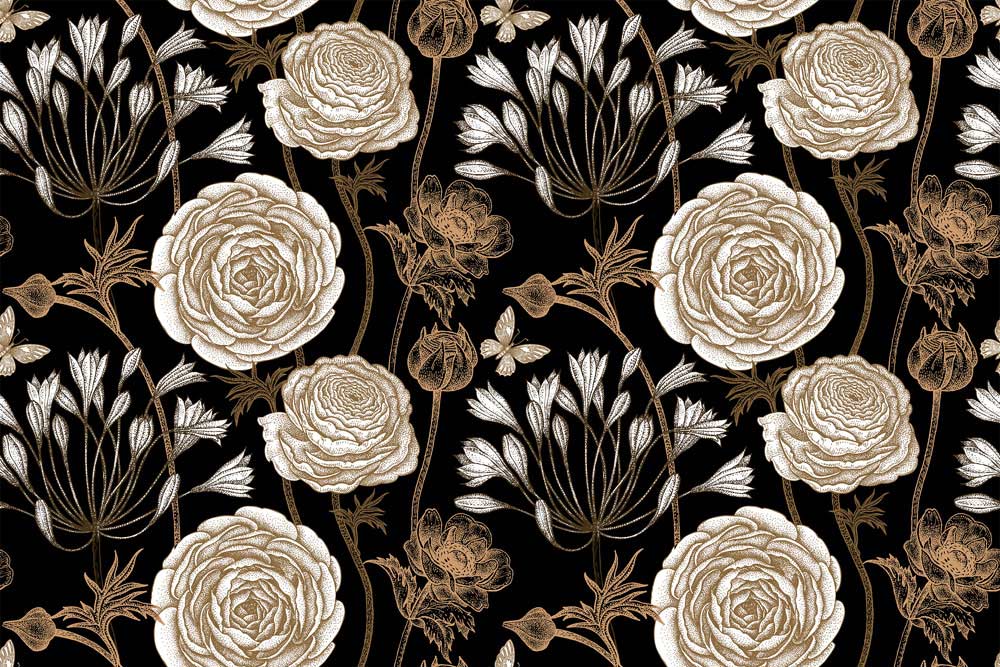Elegant Vintage Floral Black Gold Botanical Wallpaper for Timeless Interiors