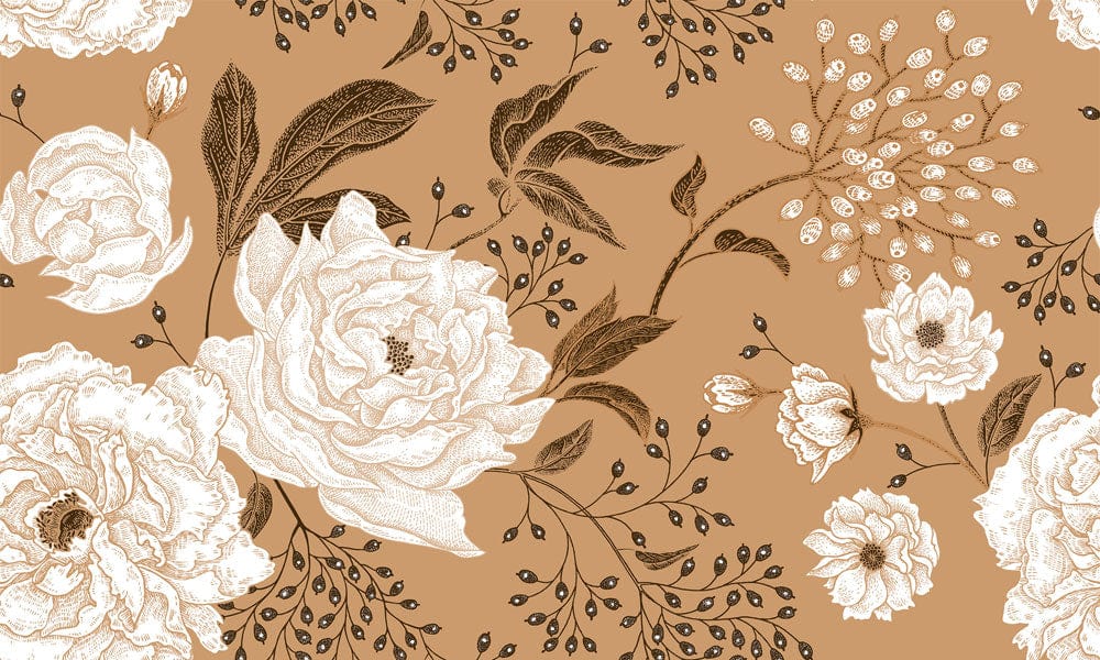 Vintage Floral Wallpaper with Cream Roses on Warm Brown Background