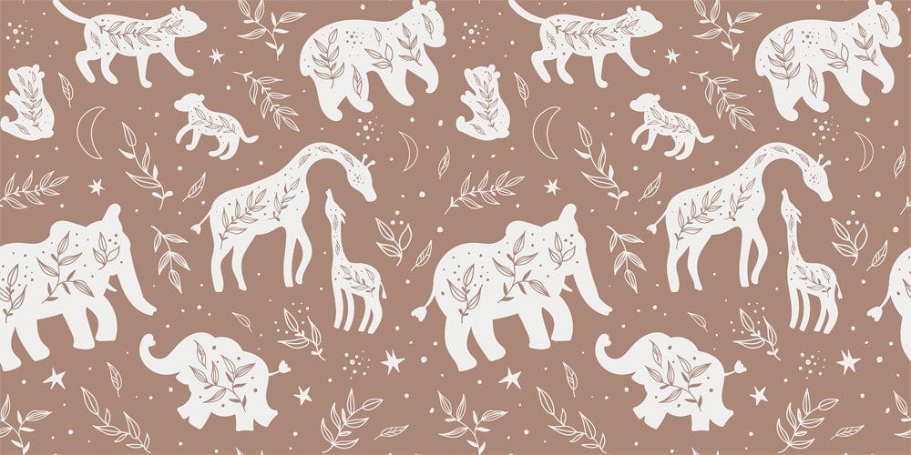 Rustic Safari Animal Silhouette Wallpaper in Earthy Tones with Botanical Accents