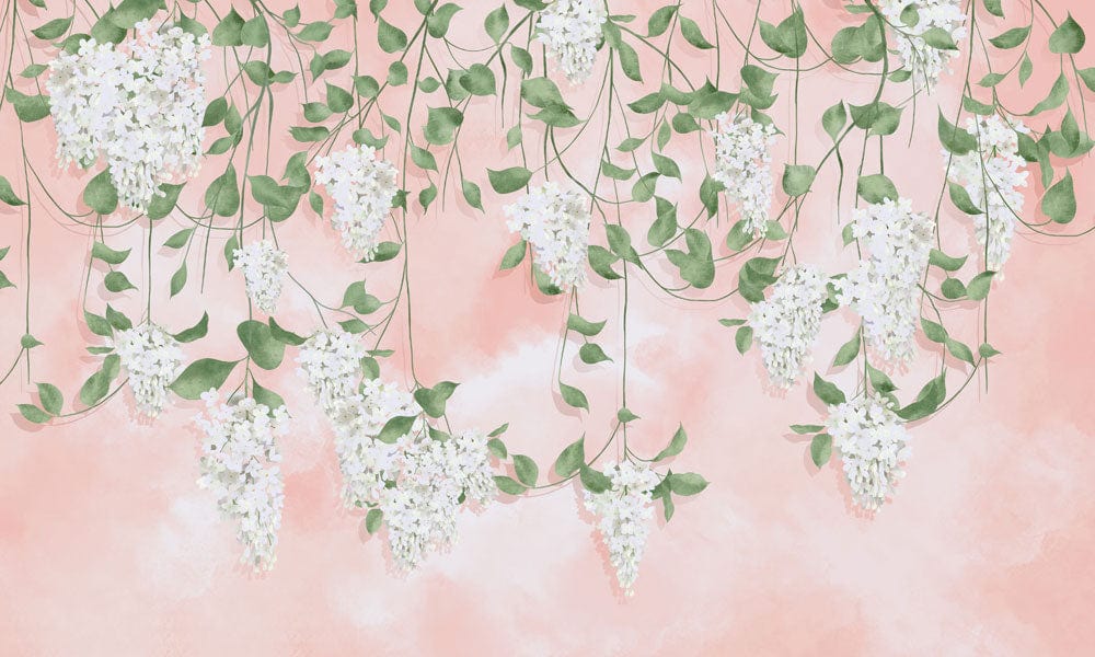 Elegant Floral Vine Pattern Wallpaper in Pastel Peach and Green Colour Palette