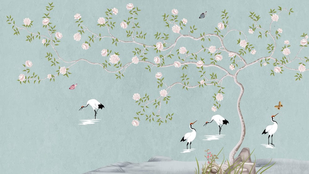 Serene Pastel Blue Crane Blossom Mural Wallpaper with Floral Harmony Elegance